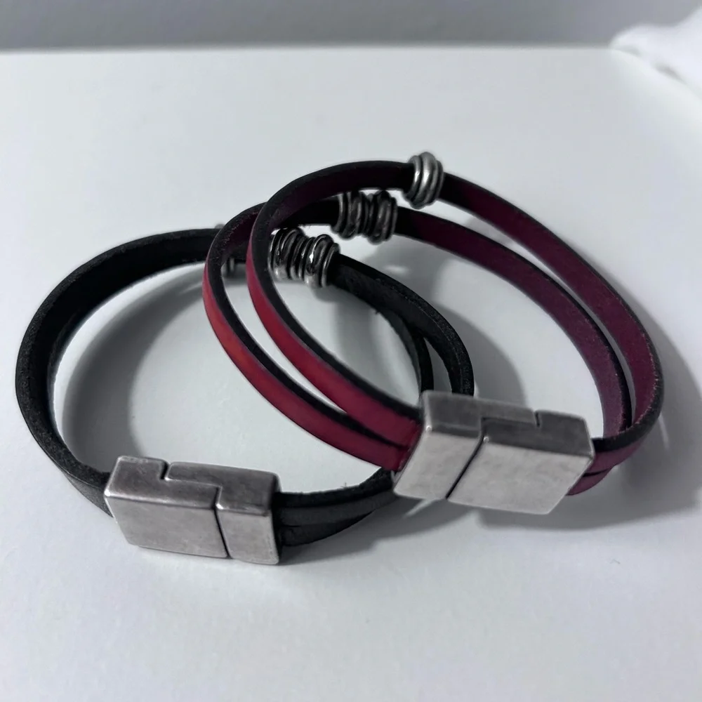Burgundy and Black Leather Bracelet with Silver Clasp Set of 2 - Picture 3 of 3